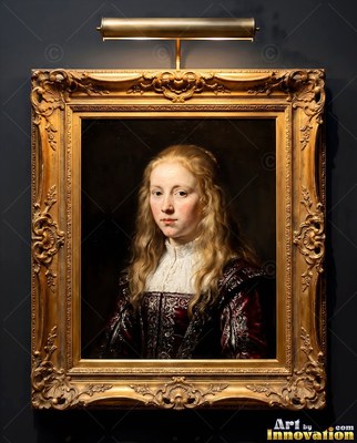 Facing forward on a deeply shaded wall, a young woman in a gold frame wears velvet