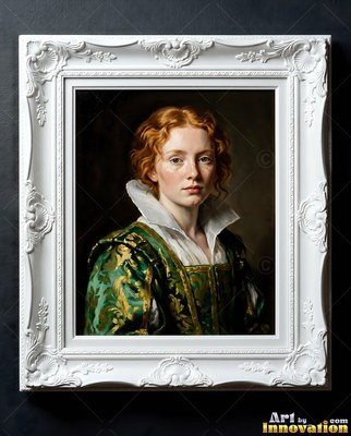 In a dark room, a red-haired woman wears a green and gold dress with a white collar