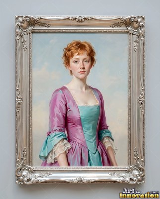 Facing forward, a red-haired woman poses in a pink and light blue satin dress