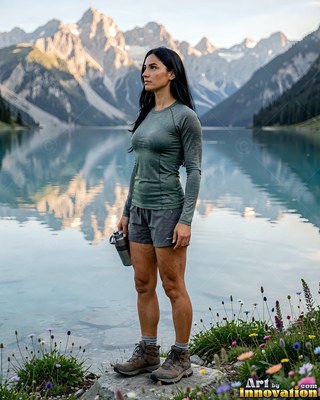 Woman in a green shirt standing beside a mountain lake