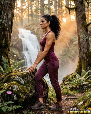 In a maroon tank top, a woman rests on a mossy rock before a woodland waterfall