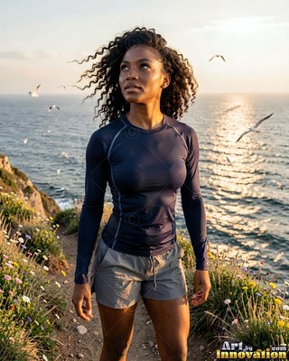 Standing on a coastal cliff path, a woman looks up as gulls fly over the sea