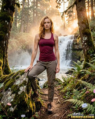 Standing on a forest trail, a woman poses in front of a waterfall