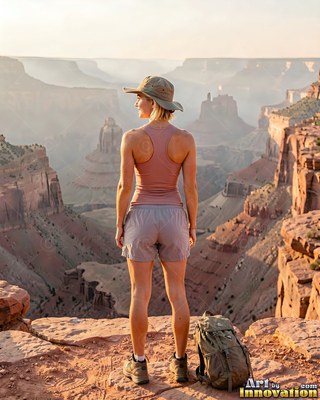 A woman in a sun hat and pink lightweight tank top looks out over a hazy canyon from the rim