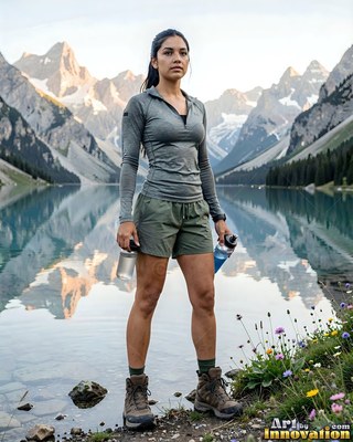 A woman in hiking gear standing by an alpine lake