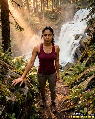 Wearing a maroon tank top, a woman pauses on a forest trail near a rushing waterfall