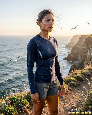 Standing on a coastal cliff path, a woman in navy blue stares out at sea