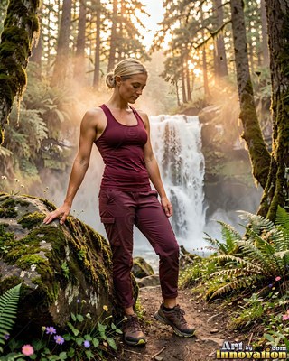 By a cascading forest waterfall, a woman in maroon hiking clothes pauses on a dirt trail