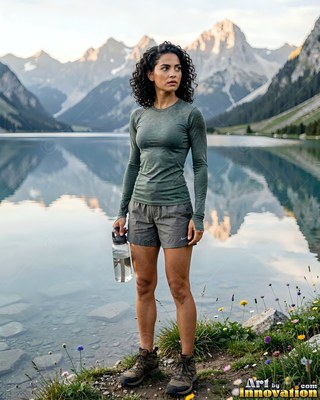 A woman pauses beside an alpine lake holding a water bottle under pale morning light