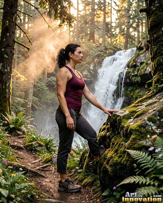 Standing in profile by a waterfall in the forest, a woman rests her hand on a rock