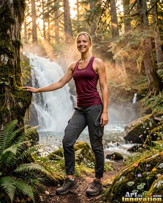 Standing on a forest path near a waterfall, a woman smiles in a maroon lightweight tank top