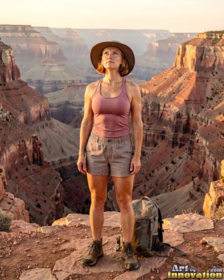On an upper canyon rim, a woman in a sun hat and pink tank top looks up at the sky