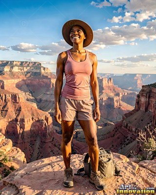 Wearing a wide sun hat, a smiling woman stands on a rocky rim above a vast red canyon