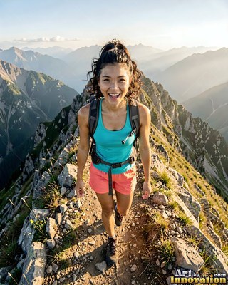 Smiling directly up at the camera, a woman walks along a rocky mountain ridge