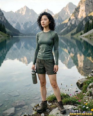 A woman in green hiking clothes stands holding a water bottle by a clear mountain lake