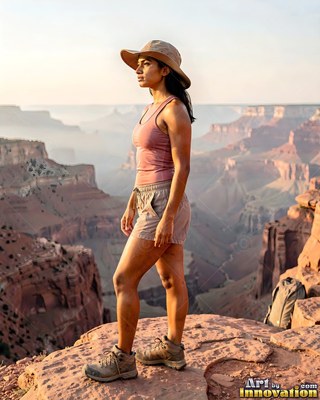 Standing on an upper canyon rim, a woman in a wide-brimmed sun hat looks across hazy cliffs