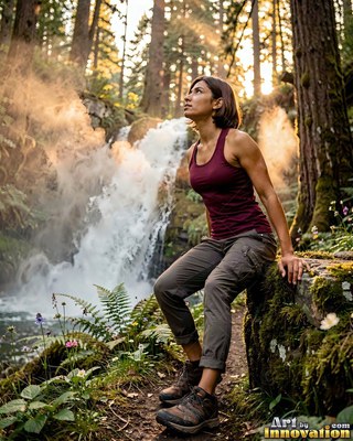 Sitting by a cascading forest waterfall, a woman in a red athletic tank top looks up