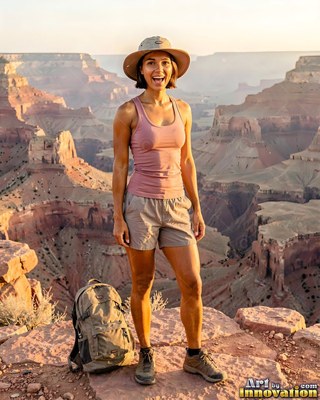 A smiling woman in a hiking sun hat stands by her pack on a red rocky canyon rim