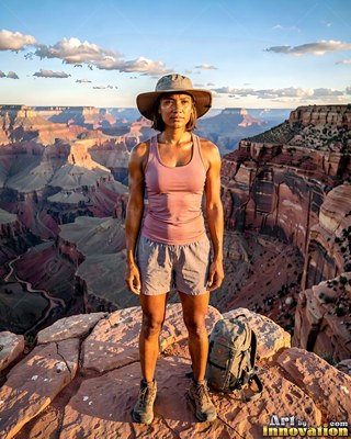 Wide-brimmed sun hat shading her face, a standing woman on a canyon edge in soft afternoon light