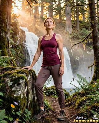 In front of a forest waterfall, a fit woman in hiking clothes looks up into the trees