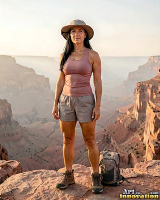 Standing on a canyon rim, a tanned woman in shorts and a brimmed sun hat poses in warm light