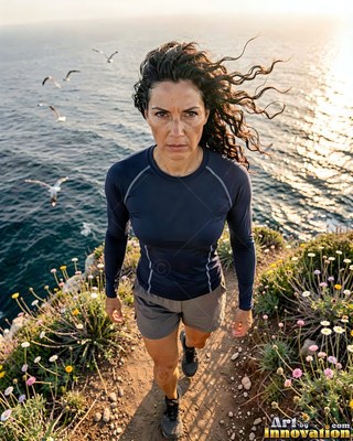 Woman hiking on a windy coastal cliff trail above the sea