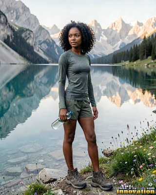 A woman is standing by a clear alpine lake holding a water bottle in the soft daylight
