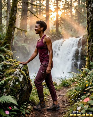 Standing in profile, a smiling woman rests on a rock by a sunlit woodland waterfall