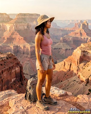 A woman in a hiking sun hat stands by her backpack looking over a canyon edge