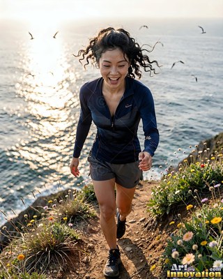 On a coastal cliff path, a smiling woman runs uphill in dark sportswear