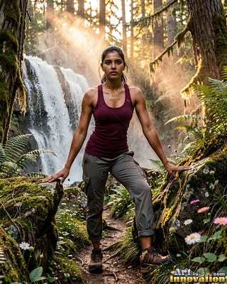 A woman stands on a trail before a waterfall as warm sunlight streams through the forest mist