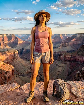A woman in a brimmed sun hat stands at a canyon rim under soft evening light
