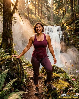 Smiling on a forest trail, a woman in maroon clothes stands before a sunny waterfall