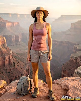 Woman in a sun hat standing on an upper canyon rim