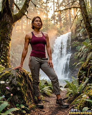 A woman in a maroon tank top stands by a sunlit forest waterfall