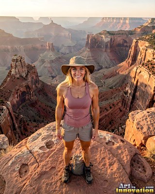 On a canyon overlook, a smiling woman in a sun hat stands in warm sunlight
