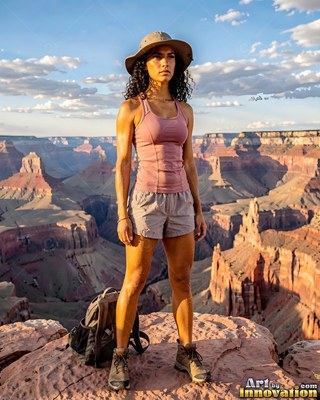 A woman stands on an upper canyon rim in a pink tank top under warm evening light
