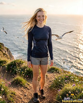 Standing smiling, a blonde woman pauses on a coastal trail over the ocean