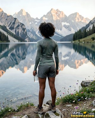 Back view of a woman looking at mountains across a calm lake