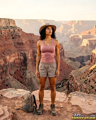 On a rocky rim of the canyon, a woman stands in an outdoor sun hat and pink athletic tank top