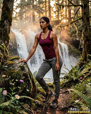 A woman rests her hand on a rock near a waterfall in warm golden sunlight