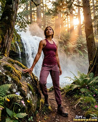 A woman in a maroon lightweight tank top stands by a sunlit forest waterfall