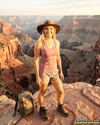 On a rim of the canyon, a smiling blonde woman in a sun hat stands by her backpack
