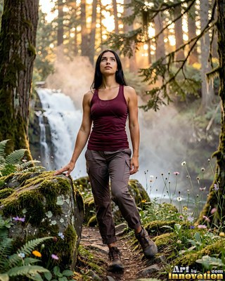 A woman pauses on a trail near a forest waterfall with soft sunlight filtering through the tall trees