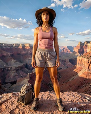 Standing on a rocky cliff over a canyon, a woman in a wide-brimmed sun hat looks ahead
