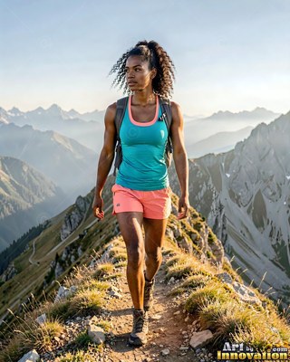On a high mountain ridge, a woman in a blue lightweight tank top hikes along a narrow dirt path
