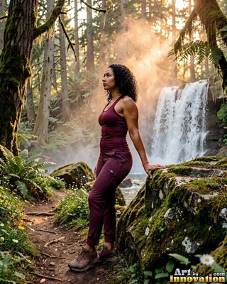 Woman in purple hiking clothes by a forest waterfall