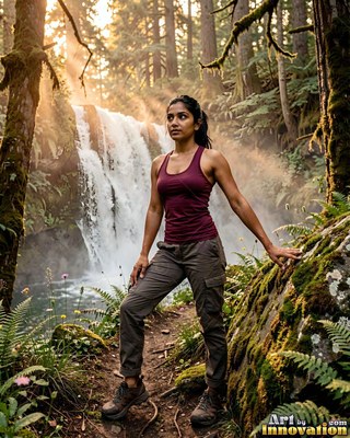 By a misty waterfall in the forest, a woman in a maroon athletic tank top rests on a trail