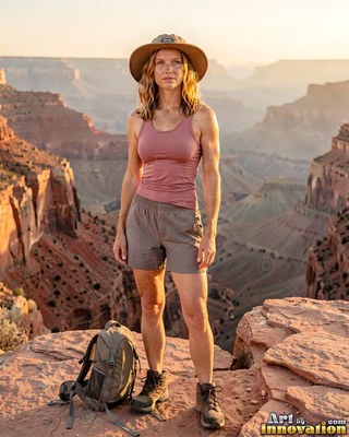 Standing on a canyon rim at sunset, a blonde woman in shorts rests by her backpack