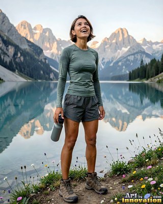 A woman smiles by a calm mountain lake in soft morning light
